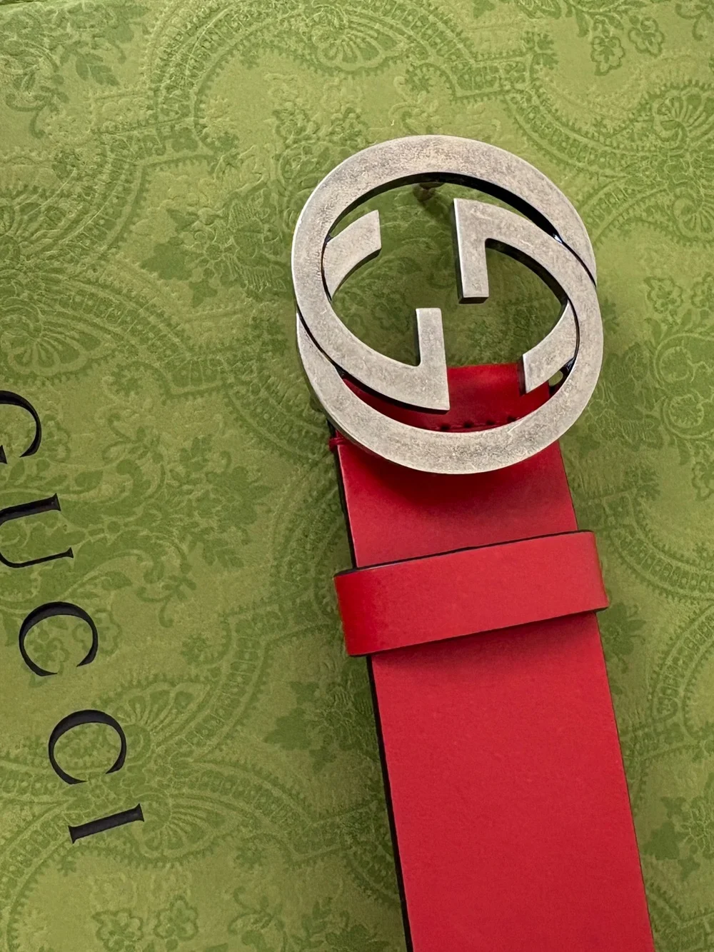Gucci Red Leather Belt with Silver Double-G Buckle 95cm